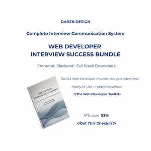 Op de afbeelding: Een boek getiteld "WEB DEVELOPER INTERVIEW SUCCESS BUNDLE" met de tekst "Complete Interview Communication System" en "Frontend, Backend, and Full Stack Developers." De tekst "Build a Web Developer resume that gets interviews" is ook zichtbaar.