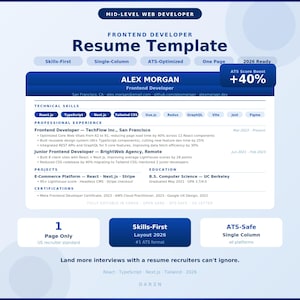 Puede incluir: Plantilla de currículum para Desarrollador Frontend, con un diseño limpio y moderno. Destaca habilidades, experiencia y proyectos, con secciones para habilidades técnicas y educación. Optimizado para ATS, una sola columna, y con un aumento de puntuación del +40%.
