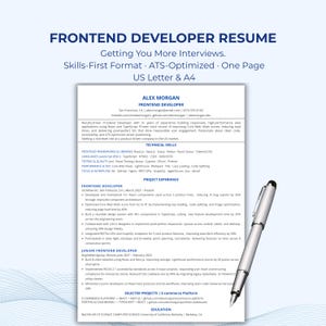 May include: A digital document titled Frontend Developer Resume with blue text headers, listing professional experience, technical skills, and education for Alex Morgan, accompanied by a silver metallic ballpoint pen positioned on the right side.