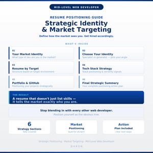 Puede incluir: Una guía de posicionamiento de currículums titulada "Strategic Identity & Market Targeting" con un diseño azul y blanco. La guía incluye secciones sobre identidad de mercado, orientación de currículums y estrategia de portafolio. El texto enfatiza la definición de su identidad de mercado para ser contratado.