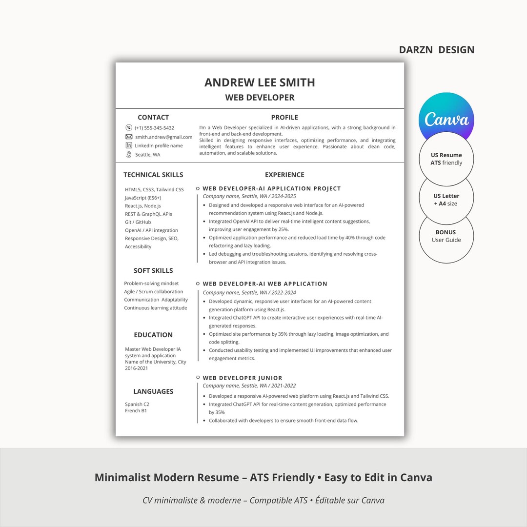 Web Developer Resume Template | Modern Minimalist US Resume | US Letter ...