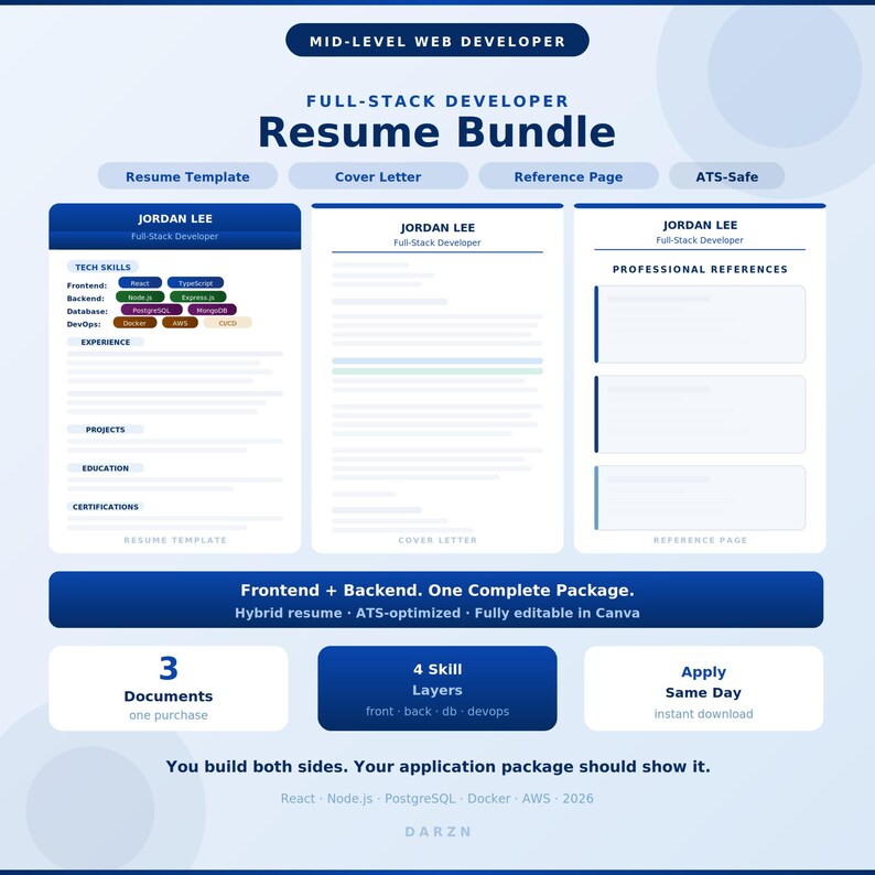 Full-stack developer resume bundle cover letter reference page ATS optimized DARZN