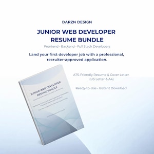 Paquete de currículum para desarrollador web junior | Currículum compatible con ATS + Carta de presentación | CV para desarrolladores frontend, backend y full stack de nivel inicial | Tamaños: Carta estadounidense y A4 | Canva