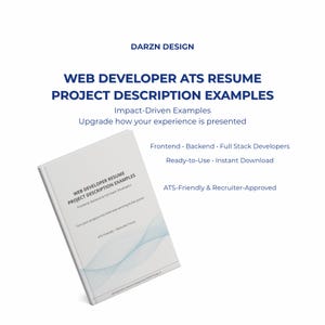 Op de afbeelding: Een wit boek met de titel "WEB DEVELOPER ATS RESUME PROJECT DESCRIPTION EXAMPLES" met de tekst "Frontend, Backend & Full Stack Developers". De afbeelding bevat ook de tekst "Impact-Driven Examples" en "Ready-to-Use Instant Download".