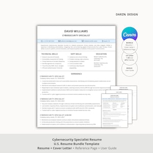 Könnte beinhalten: Ein Paket mit Lebenslaufvorlagen für einen Cybersecurity Specialist, einschließlich Lebenslauf, Anschreiben, Referenzseite und Benutzerhandbuch. Die Vorlagen sind für US Letter und A4-Formate konzipiert und ATS-freundlich. Das Design ist sauber und professionell.