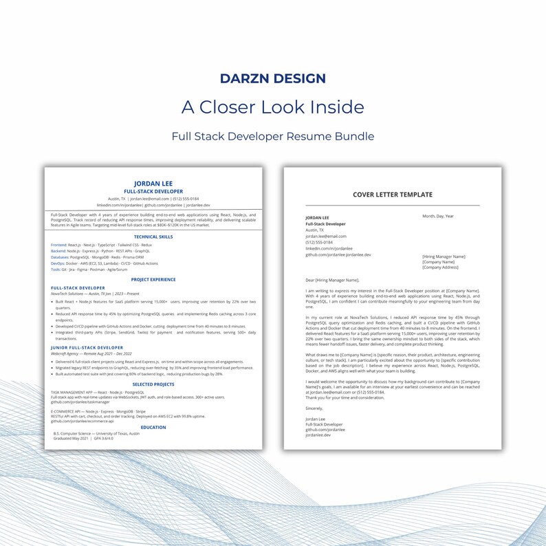 Mid-level full-stack developer resume bundle three documents consistent style 2026