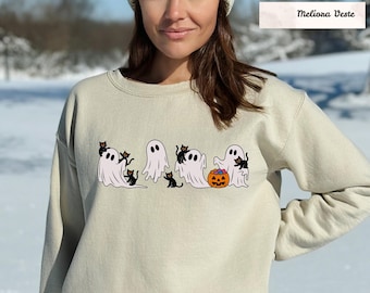 Ghost Black Cat Halloween Sweatshirt, Spooky Pumpkin Hoodie