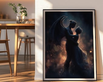 Dark Fantasy Lovers Art Poster | Winged Couple, Romantasy Decor