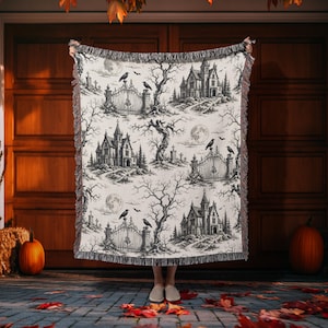 Gothic Haunted House Woven Blanket, Black Toile de Jouy Halloween Throw