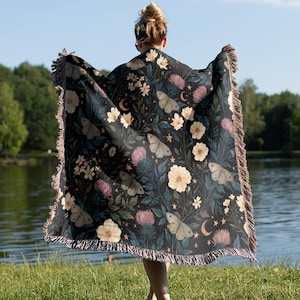 Gothic Garden Toile Woven Blanket, Luna Moth Accent Throw, Dark Academia Reading Nook Decor image 1