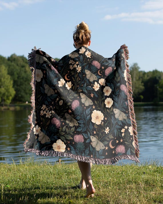 Botanical Moth Woven Throw Blanket, Dark Academia Accent Decor