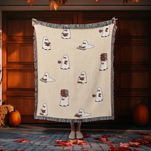 Ghosts Reading Woven Blanket, Bookish Halloween Cotton Throw