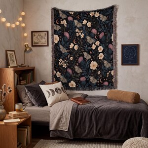Gothic Garden Toile Woven Blanket, Luna Moth Accent Throw, Dark Academia Reading Nook Decor image 6