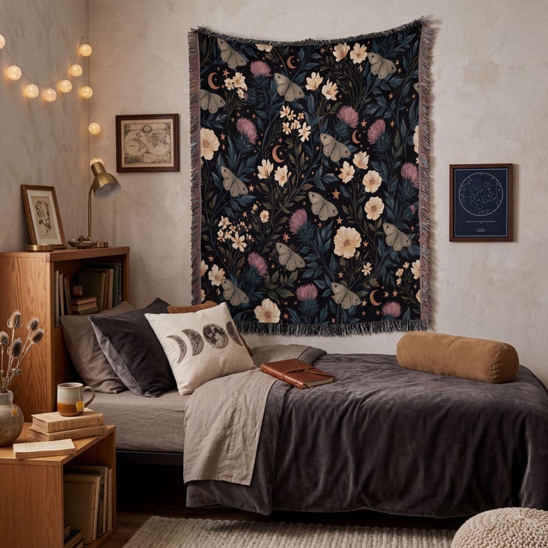 Gothic Garden Toile Woven Blanket, Luna Moth Accent Throw, Dark Academia Reading Nook Decor image 6