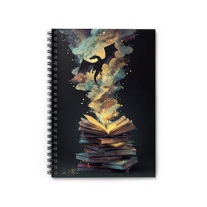 May include: Spiral-bound notebook with a fantasy illustration. A stack of books is topped with a dragon silhouette and colorful smoke. The dragon and smoke appear to be rising from the open books, with sparkling accents.