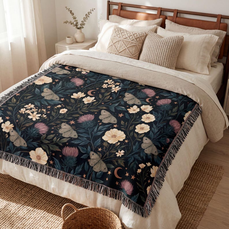 May include: A woven throw blanket featuring a dark navy background with a repeating pattern of light-colored moths, cream-colored flowers, purple thistle-like blooms, small stars, and crescent moons, finished with a decorative fringed edge.