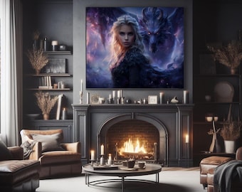 Dark Fantasy Dragon Wall Art Poster | Mythical Feminine Reading Nook Decor