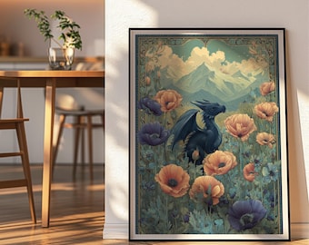 Baby Dragon Poster, Cottagecore Fantasy Home Decor
