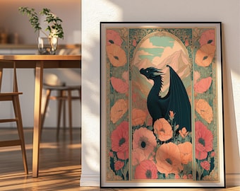 Enchanted Dragon Wall Art, Fantasy Poster, Wildflower Dragon Print, Reading Nook Decor