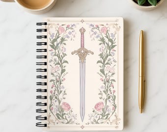 Cuaderno de tapa dura con diseño de espadas y flores, cuaderno de fantasía romántica.