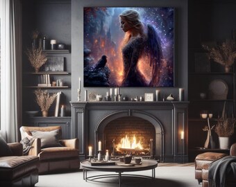 Gothic Angel and Raven Satin Poster | Dark Fantasy Print
