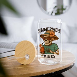 Summerween Vibes Sipper Glass 16oz Halloween Drinking Cup Spooky Barware Skeleton Party Cup Halloween Decor Glass Summerween Drinking Gift