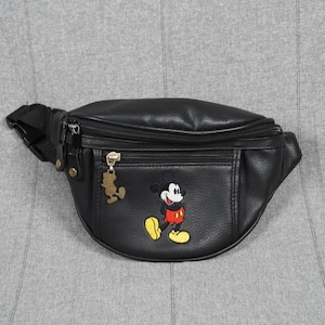 Vintage Disney Mickey Mouse Fanny Pack Black Faux Leather Waist Bag Embroidered image 1
