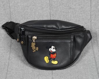 Vintage Disney Mickey Mouse Fanny Pack Black Faux Leather Waist Bag Embroidered