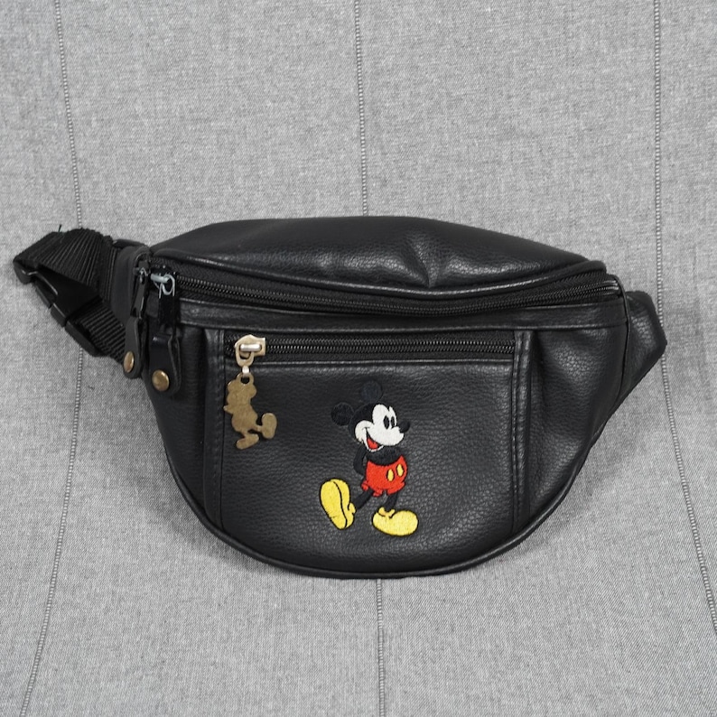 Vintage Disney Mickey Mouse Fanny Pack Black Faux Leather Waist Bag Embroidered image 1