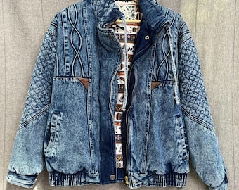 Vintage Ruth Douglas Denim Jean Jacket Faded 80's Aztec Lined Quilted Size Small
