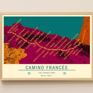 カミーノ・デ・サンティアゴ地図アートプリント／フランスの道ルートポスター／デジタルダウンロード
