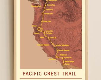 Pacific Crest Trail-poster / PCT-wandelkaart download / gedetailleerd oranje decor