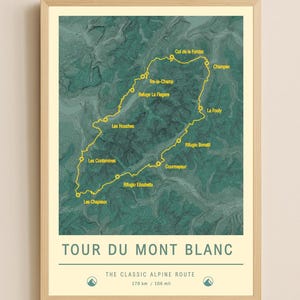 May include: A framed print of the Tour du Mont Blanc hiking route. The map features a yellow highlighted path over a green topographical background. Text includes the route name, "The Classic Alpine Route", and the distance: 170 km / 106 mi.