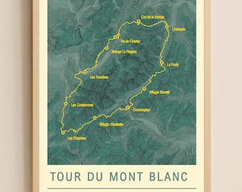 May include: A framed print showing the Tour du Mont Blanc hiking route. The map has a yellow path on a green topographical background. Text includes the route name, "The Classic Alpine Route", and the distance: 170 km / 106 miles.