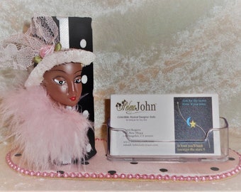 Black African American business card holder for your desk, fancy lady, pink and black Janell