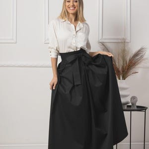 Black Cotton Maxi Skirt: High Waisted Bow Tie Formal Skirt