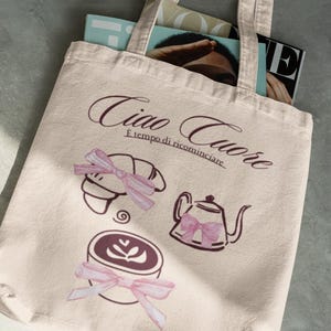 Ciao Cuore - Italian Café Tote Bag / Aesthetic fabric bag with vintage coffee & pink details / Self Love Gift / Cute Coffee Lover