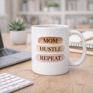 Mom Hustle Repeat Mug    Minimalist Coffee Mug for Moms, Neutral Boho Ceramic Mug, Busy Mom Gift