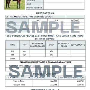 Hojas imprimibles de información para cuidadores de caballos, hojas de organización que incluyen todas las instrucciones de alimentación y notas