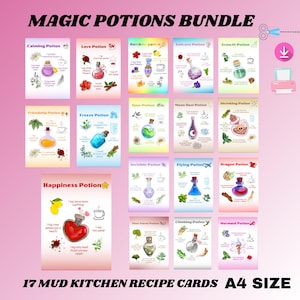 Puede incluir: Un conjunto de 17 tarjetas de recetas de pociones mágicas tamaño A4. Cada tarjeta presenta una poción única con ingredientes e instrucciones. Las pociones incluyen Calming, Love y Happiness. El texto "MAGIC POTIONS BUNDLE" está en la parte superior.
