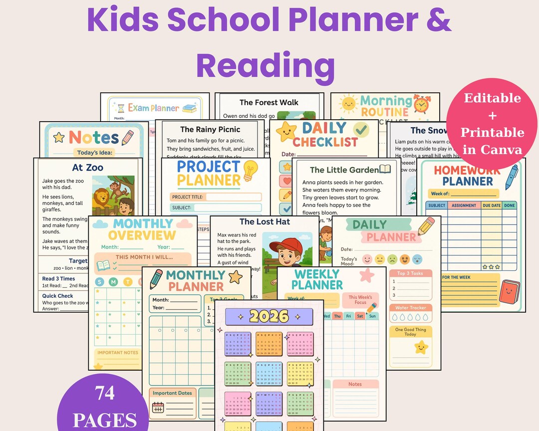 Kids School Planner 2026 and Reading Comprehension (printable PDF) - Etsy