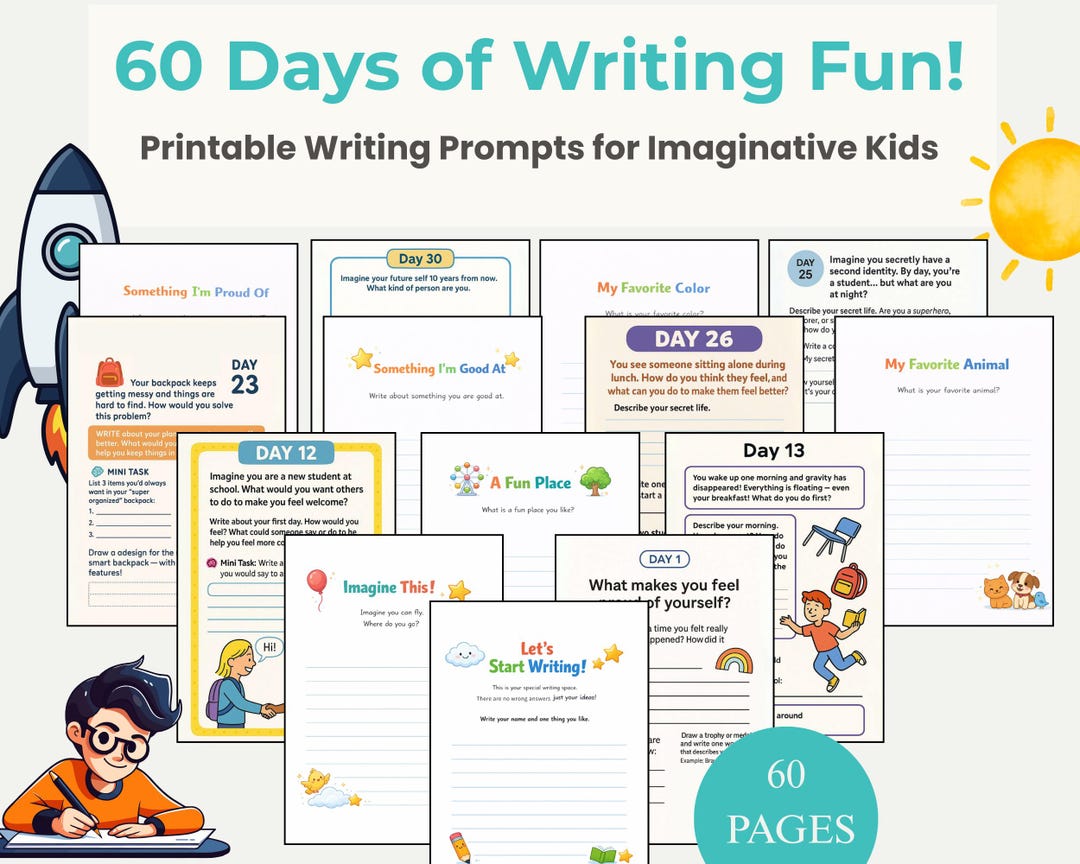 60 Writing Prompts for Kids: Imagination Journal Exercises (PDF ...