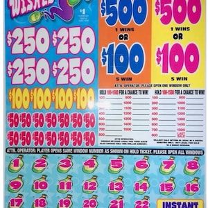 May include: A colorful scratch-off lottery ticket with the words "Champagne Wishes" and various prize amounts. Features a cartoon character and the text "Instant Winners".