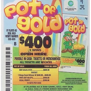 May include: A Pot of Gold bingo game card featuring a leprechaun illustration, a $400 prize box, and text detailing payout information, form number 899Q, and game instructions. The card includes a barcode, a $1 price, and a Capital Game logo.