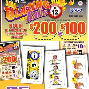 May include: A colorful Blazing Balls lottery ticket with the text "$200" and "$100" displayed. The ticket features the text "Hold B-1 thru 0-75 for a chance to win!" and "Instant Winners".