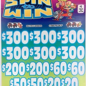 May include: A colorful lottery ticket with the text "SPIN to WIN" in large, bold letters. The ticket features a cartoon of a person on a stationary bike and various cash prize amounts, including $300, $200, $60, $50, and $20.