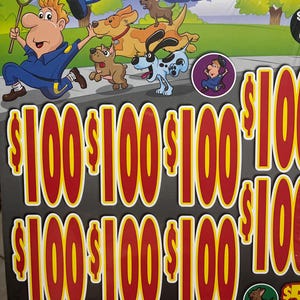 May include: A lottery ticket with the title "Dog Catcher" featuring cartoon dogs and a police officer. The ticket displays multiple "$100" symbols in red and yellow.