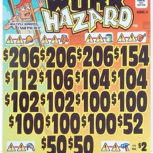 May include: A colorful "Work Hazard" scratch-off lottery ticket. The ticket features a cartoon construction worker and the text "Multiple Winners Cash Pay Out". The ticket displays various prize amounts.