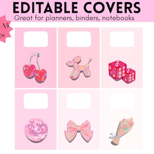 Può includere: Copertine rosa con illustrazioni di ciliegie, un cane a palloncino, dadi, una palla da discoteca, un fiocco e un bouquet. Il testo recita "EDITABLE COVERS" e "Great for planners, binders, notebooks."