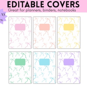 Può includere: Sei copertine per quaderni con sfondo bianco e un motivo di fiocchi pastello. Ogni copertina ha un'etichetta rettangolare di colore diverso: rosa, pesca, giallo, verde, blu e viola. Il testo in alto recita "EDITABLE COVERS".